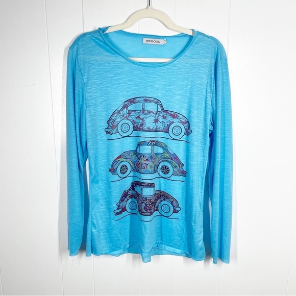Misslook Blue VW Bug Graphic Long Sleeve Burnout Tee - Medium - Picture 1 of 4